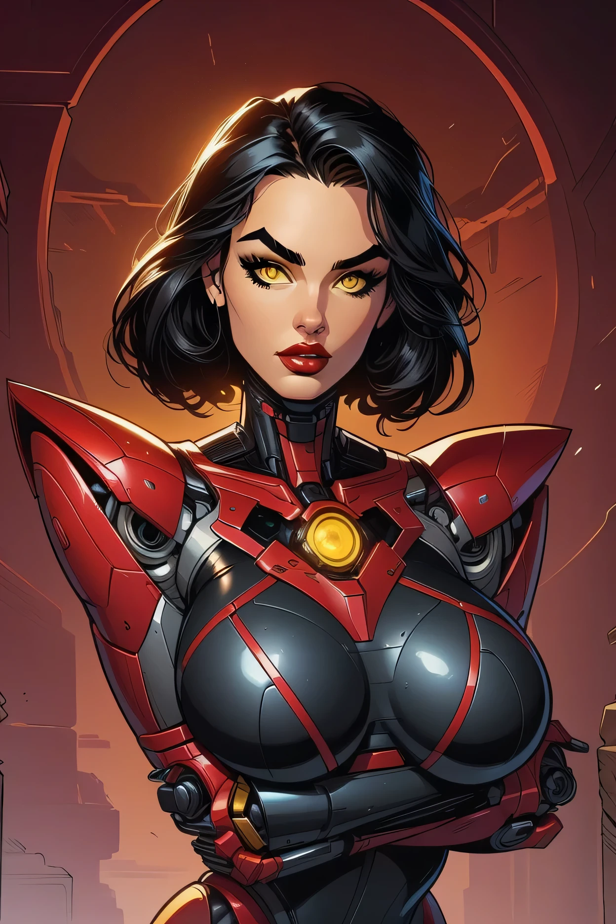 (Perfect Face), (Black Medium Hair), (Black Thick Eyebrows), (Big Bionic Yellow Eyes), (Red Thick Lipstick), (Female Robot), (Beautiful Woman), Looking At Viewer
