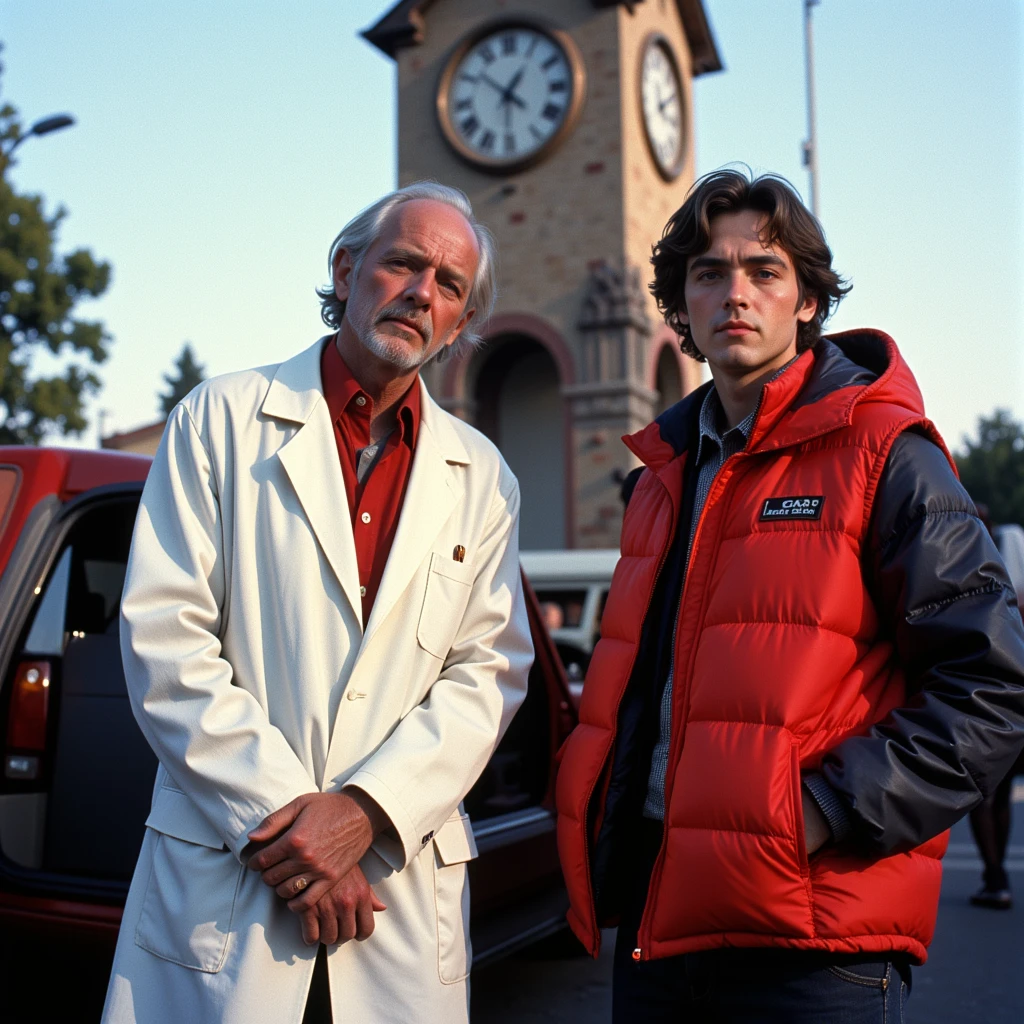 top quality, ,(1 old photo:1.3),Back to the Future,Alteration of history,hot,The background is Hill Valley Clock Tower,デロリアン, (Dr. Emmett Brown ,wearing a white labo coat,look like 60 years old )and (Martin McFly,wearing a sleeveless jacket,20 years old,cool )