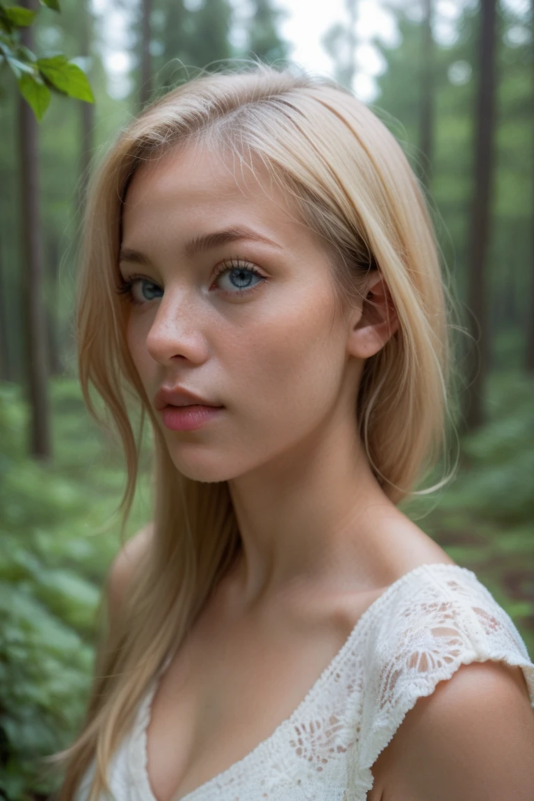 Elizabeth Olsen, blonde hair, Long hair, blue eyes, naked, nude, medium breasts, in a forest, high detailed skin, full sharp, close up RAW photo, professional portrait, Sony Alpha mirrorless camera