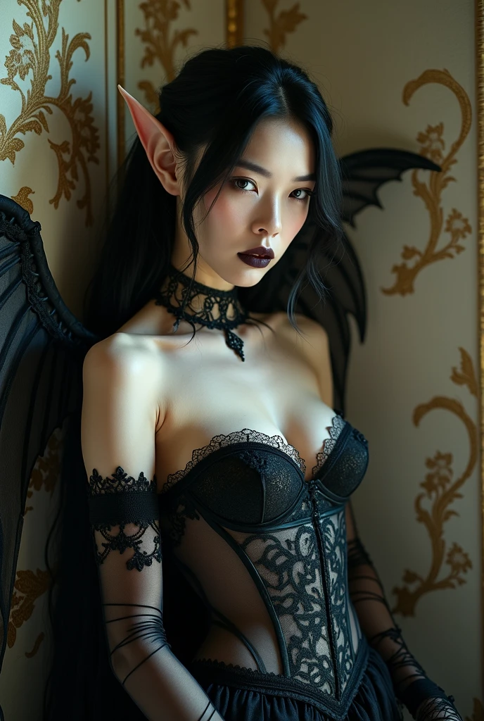 A dark elf (cute woman, pale white skin, large pointy ears, blood red eyes, large evil tattoos, sheer black lingerie), she is studying the glyphs in her summoning chamber, show all of her