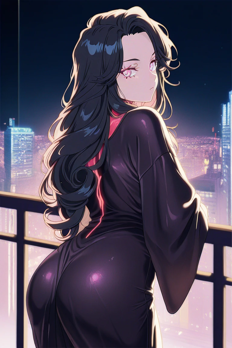 1girl, long black hair, yellow eyes, pink pajamas, long sleeve shirt, black panties, big booty, back view, lewd smile, looking at viewer, bedroom, night