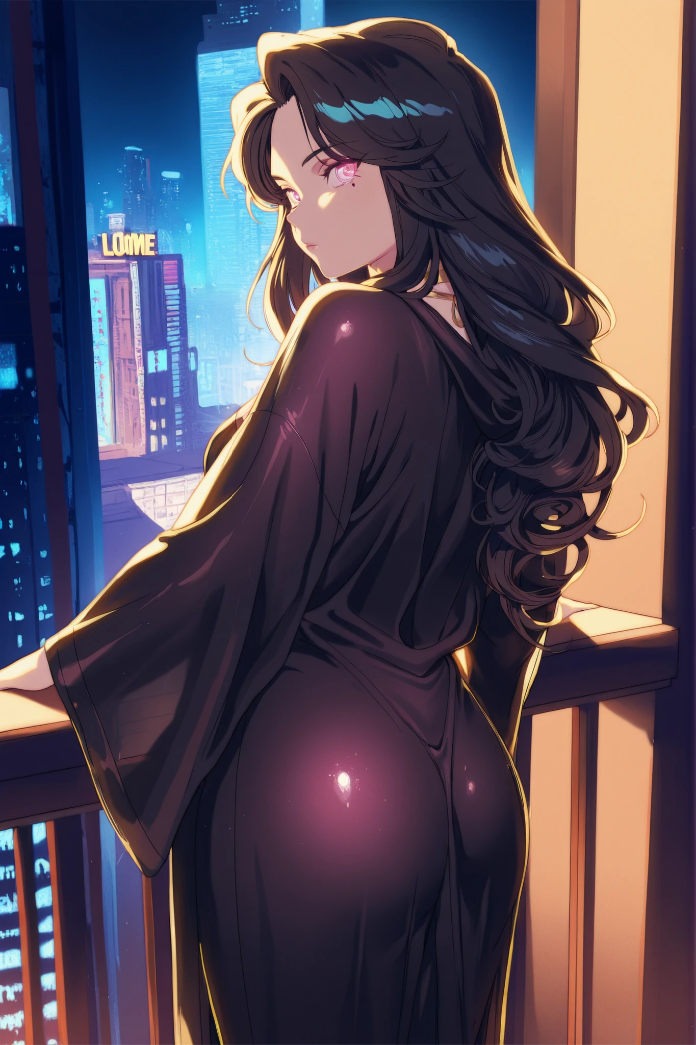 Gold City CyberpunkFemme, elegant and sleek design, pale human skin tone, ((long curly black hair flowing loosely with a glossy sheen)), glowing purple eyes with a sharp and slightly cunning gaze, enhanced by small red arrows at the corners of her eyes , reminiscent of Lucy from Cyberpunk. Minimal makeup, no lipstick, to maintain a natural yet striking appearance.
She wears a dark, form-fitting black silk robe or loungewear , inspired by luxury and comfort: soft, flowing material that drapes elegantly over her figure, with subtle neon accents glowing faintly along the edges. The outfit is practical yet stylish, exuding an air of sophistication without being overly formal.
Posed casually on the balcony of an opulent apartment, overlooking a vibrant cyberpunk cityscape. She stands with her back partially turned toward the viewer, one hand resting lightly on the railing, while the other hangs naturally by her side. Her head is tilted slightly downward, with her gaze directed partially towards the viewer and partially outwards toward the city , creating a sense of connection between her and the observer while still engaging with her surroundings.
The background features a luxurious urban setting with glimpses of high-end architecture, glowing windows, and soft ambient lighting from within the apartment. The balcony itself is adorned with minimalistic decor—clean lines, reflective surfaces, and hints of futuristic elegance. The atmosphere is intimate and serene, capturing the essence of a private retreat in the heart of a bustling metropolis.
Cinematic lighting highlights her features, emphasizing her piercing eyes, the intricate details of her robe, and the subtle glow of the neon elements. Color palette focuses on black, deep purple, and warm tones (soft golds and creams) for a cohesive and sophisticated look.
Masterpiece, high detail, realistic yet fantastical, elegant and balanced design, best quality