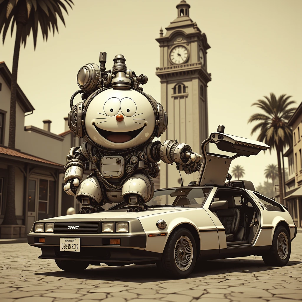 top quality, ,(1 old photo:1.3),Back to the Future,Alteration of history,hot,The background is Hill Valley Clock Tower,デロリアン, (Dr. Emmett Brown ,wearing a white labo coat,look like 60 years old )and (Martin McFly,wearing a sleeveless jacket,20 years old,cool )