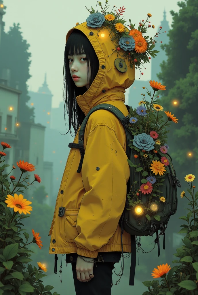 watercolor art,(a tiny) humanoid creature, (holding firmly) a bunch of flowers, watercolor, dark gritty, street, fantasy, (best quality, 4k, highres, masterpiece:1.2), ultra-detailed, (realistic:1.37), vivid colors, (moody lighting), (magical atmosphere), (cobblestone road), (mysterious shadows), (fantastical architecture), (enchanted surroundings), (whimsical elements), (misty aura), (intricate details), (emotionally expressive face), (unique character design), (lush foliage), (overgrown vines), (ethereal glow), (fallen petals), (contrast between light and dark), (captivating atmosphere), (heartwarming scene), (playful energy), (curiosity and wonder), (texture of the flowers), (impressionistic brushstrokes), (dreamlike charm), (sense of mystery), (gritty urban setting), (imaginative world), (dramatic composition), (expressive lines), (exquisite colors)