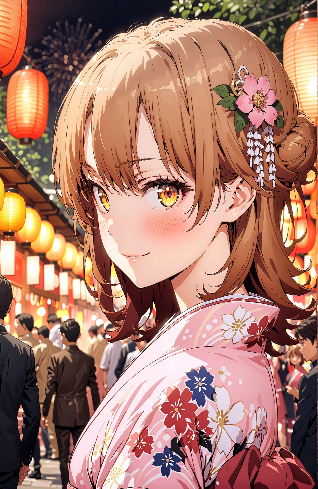 Iroha Isshiki, brown hair,brown eyes,side lock,single bun hair,flower hair ornament,Nape,Pink floral kimono,Light up fireworks,Japanese stalls ,Red Lantern,smile,blush,grinning,crowd,full bodyがイラストに入るように,
break looking at viewer,full body,
break outdoors, Japanese Festival,
break (masterpiece:1.2), best quality, high resolution, Unity 8Kの壁紙, ( illustration :0.8), (beautiful detailed eyes:1.6), Highly Detailed Faces, perfect lighting, VERY DETAILED CG, (perfect hand in h, perfect anatomy),