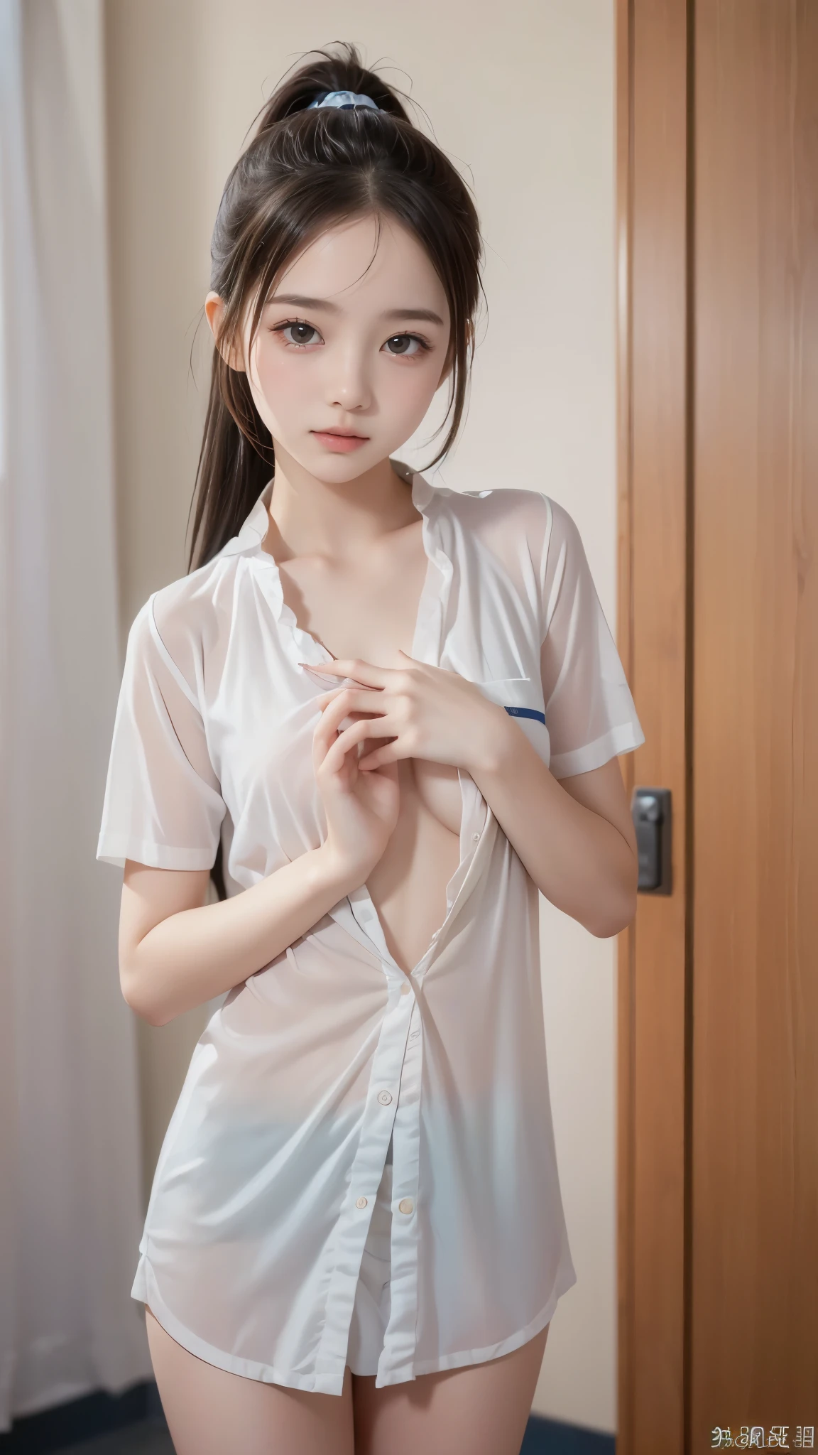 NSFW,4K,((Highest quality)),((masterpiece)),BREAK,((one girl)),(detailed),(in examining room),((One girl)),((perfect anatomy)),nsfw,((nude)),(naked),(()),((flat chest:1.5)),(stare at viewer with stern eyes:1.5),((one girl)),(bitting own lip:1.1),(angry:0.9),nose blush,(shamefull:1.2),(hime_cut hair),(beautiful hair),surprised, ((beautiful realistic face)),((skinny:1.3)),Beautiful Korean Women, Beautiful young Korean woman, Young and adorable Korean face, Gorgeous Young Korean Woman, Korean Girls, Girl cute beautiful face, Portraits of Korean female idols, Young and pretty Asian face, Cute natural anime face,Asian pretty face,((finely detailed face)),((glistening eyes)),((glistening eyes )),((large eyes)),(( pretty eyes)),((Stethoscope)),(detailed),Perfect Face,((One girl)), ((clear eyes)),((show nipples)),((beautiful skin)),don't wear anything ,(upper body),(Equal left and right eyes), (nsfw:1.5),(show nipples),(don't wear anything),(nipples facing upwards), correct arm, ((laboratory coat)),(nurse uniform),(white underwear)
