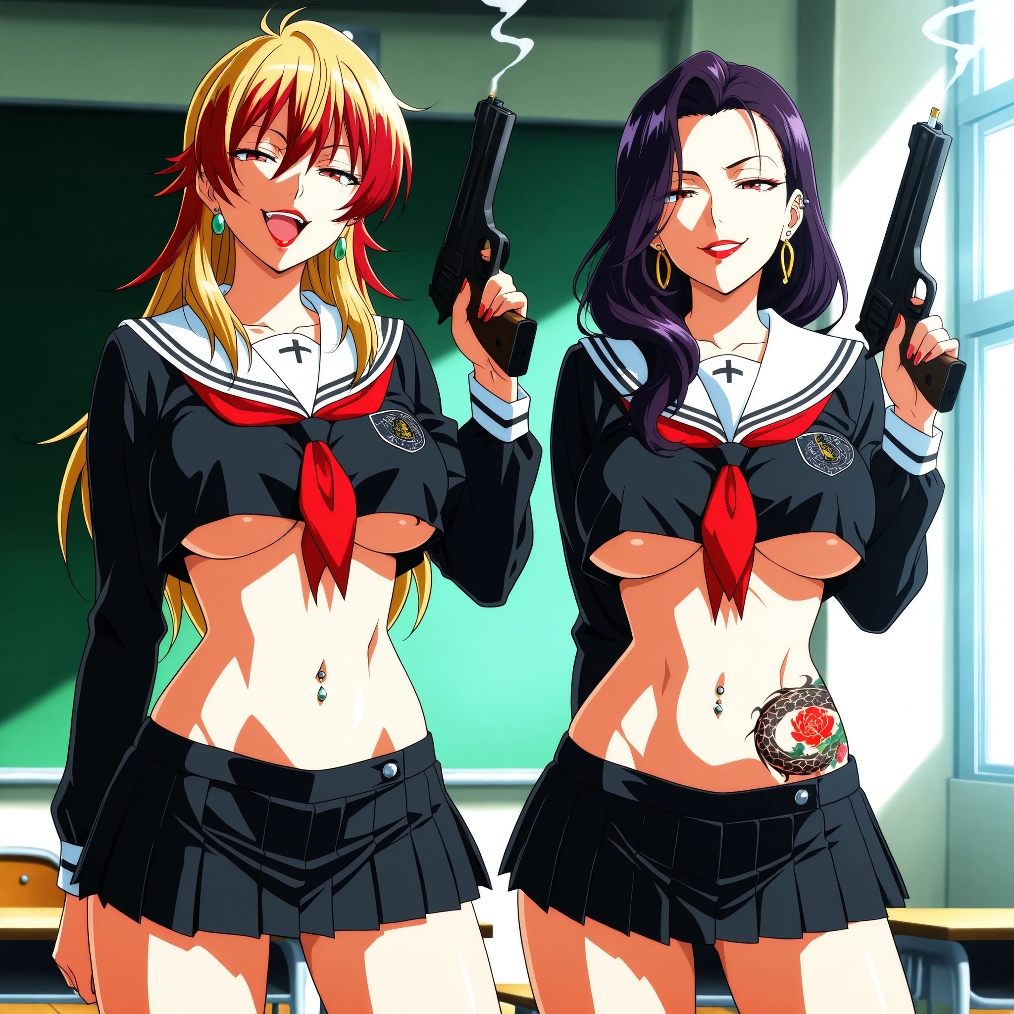 anipai_style, anime screencap, anime coloring, 2girl, two girls, mature female, long hair, [[[tattoo]]], earrings, breast tattoo, waist tattoo, girls, black hair, blonde hair, purple hair, red hair, ear piercing, long hair, , lipstick, Hot girl, baddie, smoking, sensual, attractive ,masterpiece, best quality, highly detailed, a girls in sailor uniforms with a gun posing for a picture, evil smile, smile, open mouth,black_serafuku, (nsfw) not safe for work, ecchi style, high school girls, holding a gun, hold a gun, micro skirt, exposed belly, exposed navel, exposed midriff, holding pistol,underboob, exposed lower belly,school, classroom, navel piercing , waist dragon tattoo, narrowed eyes, tattoo waist,, smirk, medium breast,