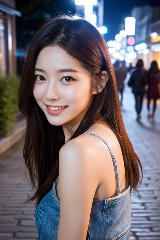 (Best-quality, Masterpiece, Ultra-High-Resolution, (Photorealistic:1.4), Raw Photo, depth of field, professional lighting, perfect anatomy, extremely details), (at street), face-focus, (1girl, 15-years-old, the most famous Japanese idol), ((((extremely beautiful and extremely realistic skins)))), ((extremely cute face like the most popular Japanese idol)), (((extremely cute and extremely big black-eyes))), (extremely beautiful black-long-straight-hair), (extremely beautiful long-eyelashes), (extremely beautiful glossy-lips), ((innocent smile, looking back))