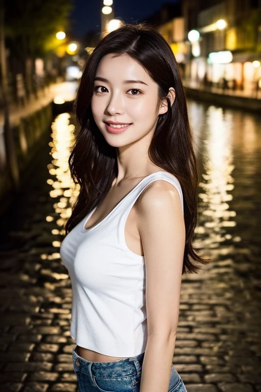 top-quality, realisitic, 8K, 独奏, A smile, masterpiece, 1girl in,depth of fields, profetional lighting, hight resolution,cute little,femele, full body Esbian, masterpiece:1.2, portlate:0.6,s lips, Mole, Natural Color Lip, Beautiful detailed eyes, masutepiece, Bangs, swim wears、A sexy、big round chest、cleavage of the breast、F-cup