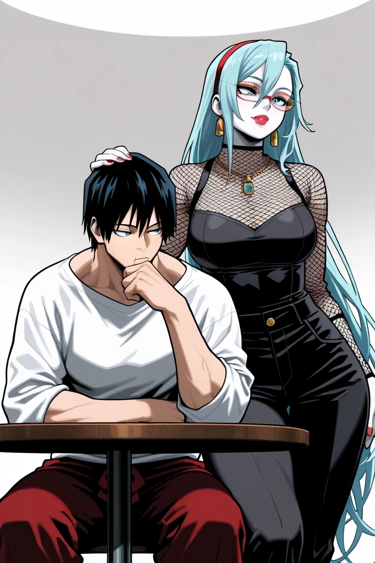 Couple, man 1 and woman, height difference, Touji the man, very tall woman with her hand on Touji's head, sitting drinking mate, round table.

Man 1: man, alone, touji_fushiguro, black hair, black eyes, short hair, hair between eyes, bangs, black hair, muscular man, scar, scar on face, center part, short hair, black hair, muscular body, handsome, cool, black hair, muscular, slim body, broad back, long-sleeved white shirt, black pants, sitting.

Woman 1: zzGhoulia, long hair, blue hair, glasses, colored skin,white skin, light blue hair,blue eyes, very long hair,zzGhoulia, long hair, blue hair, glasses, colored skin, blue eyes, very long hair, jewelry, hairband, earrings, makeup, lipstick, striped, necklace, red pants, fishnets,, large breasts, thighs, hips, white background,Kohei Horikoshi, My Hero Academia