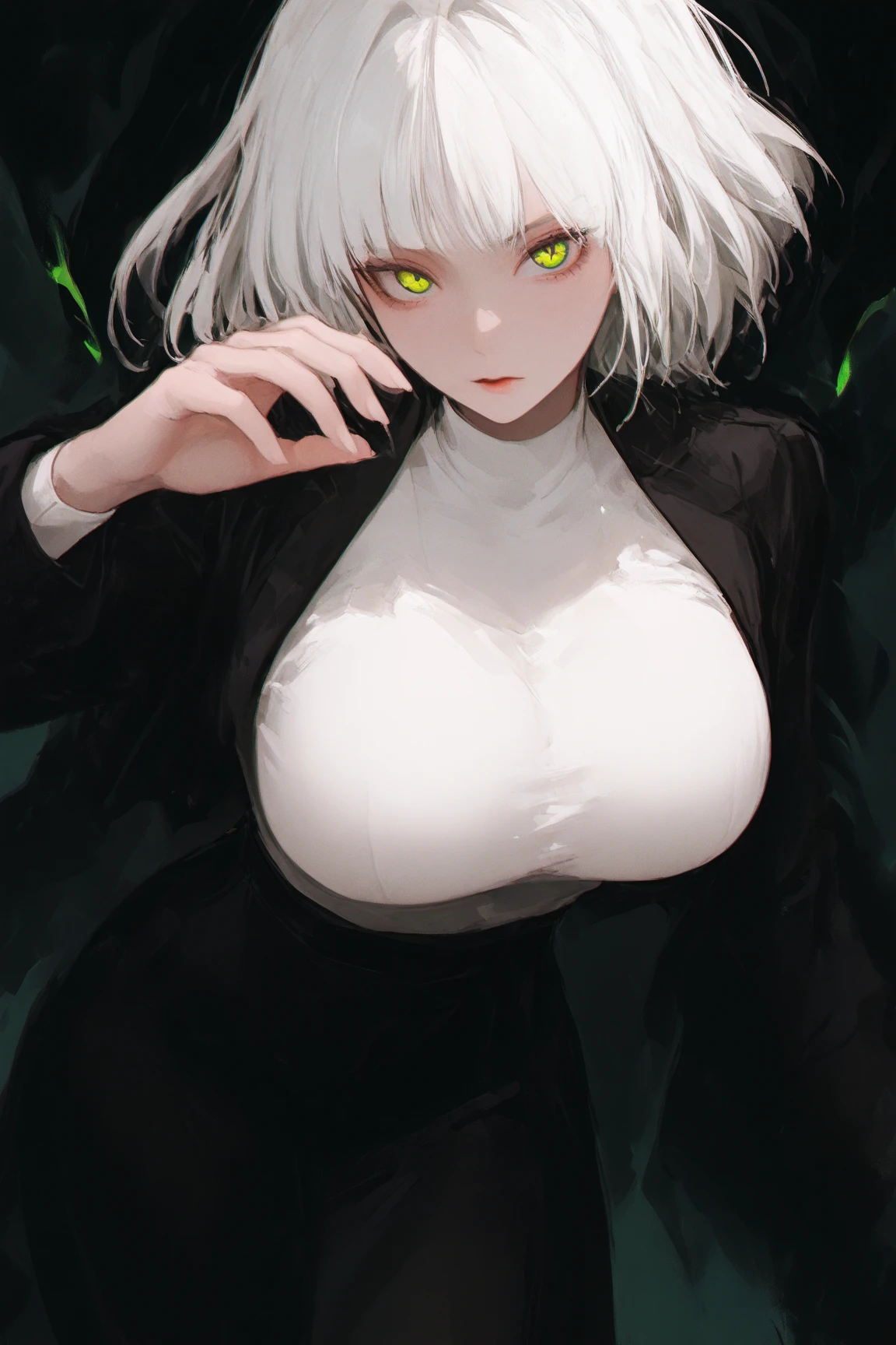 girl with short white hair, green eyes with cat pupils,big breasts,dynamic pose