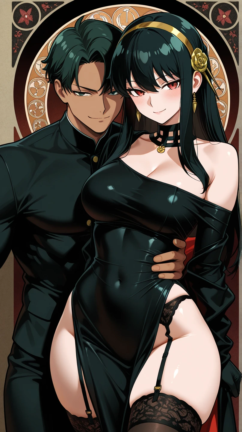 Two Girls, Couple, bangs, salute, Hands on hips, Gold earrings, Large Breasts, jewelry, military cap, (uniform), (epaulet), Jacket, Harness, Thigh straps, Black thigh-high boots, (Pencil Skirt), mini skirt, corruption, (Dark skinned women, Dark Skin:1.3), Hollow Eyes, Half-closed eyes, Wicked Smile, No students, Grin, ((Mature Woman)), Mature Woman, Married women, (Dark Theme:1.2), Dark person, Huge Saggy Tits, Skin Dentition, Chubby, Sensual, Thick thighs, Wide Hips, from the front, (chromatic aberration, Intricate details), Dynamic Angle、Grin、With a creepy smile, A smile with downturned corners,Open your chest wide