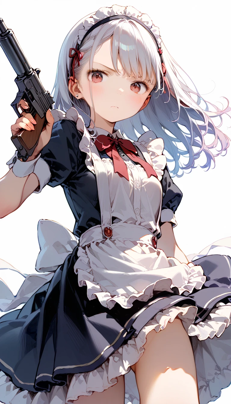 SLE, mksks style, best quality, masterpiece, detailed background, highly detailed, intricate, detailed face, long eyelashes, detailed eyes, (standing:1.1), (cowboy_shot, straight-on:1.3), (thick thighs:1.0), (flat chest:1.4), (narrow_waist:1.4), (grassy field:1.3),

(one girl, 1girl:1.1), (solo:1.3), (blue eyes:1.2), (white hair, purple hair, hair_gradient:1.1), (fur trim), (low_twintails:1.2), (thick_lips:1.4),

(cotton dress, cotton thighhighs:1.2), (holding, holding_gun:1.0), (handgun, pistol:1.3),

(bored:1.3), <lora:BetterGuns-V1:1> <lora:kanna128:0.5>