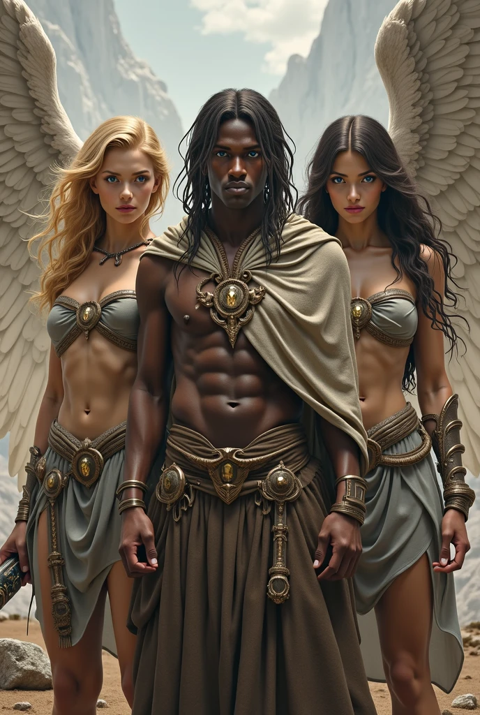 Mighty male angel brown skin complexion with lightning emitting from his being protecting female angels from harm