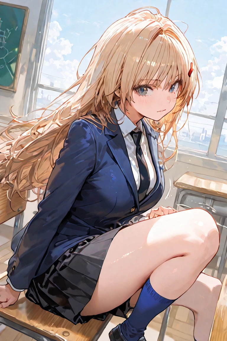 NSFW,4K,Gal:1.3,Anatomically correct,school uniform:1.3,A pure and innocent girl, Very cute face, Like an idol, (masterpiece:1.2), (high quality), panties, loose socks, Hip, Blue Skirt, alone, Blazer Type, loose socks, Lifting clothes, Brown eyes, pure gaze, mini skirt, Lift yourself up, Check skirt, blush,((Mid-chest)), (Sweating profusely), Long Hair, physical education, Beautiful legs, ((in the train))