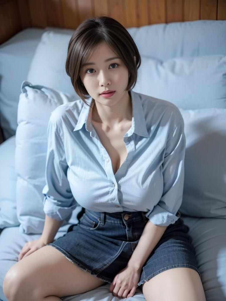((highest quality, 8k, masterpiece: 1.3)), 1 female, Japanese Idols,Sensual beauty: 1.3, (Hairstyle Brown Hair Short Bob, Big breasts: 1.2), Casual nightwear: 1.1, Very friendly face, Delicate eyes, double eyelid,Mole, Thick eyebrows,Sit on the sofa,Plump body,Crossing his fat legs,Luxurious Belly Meat,Cowboy shot from above,