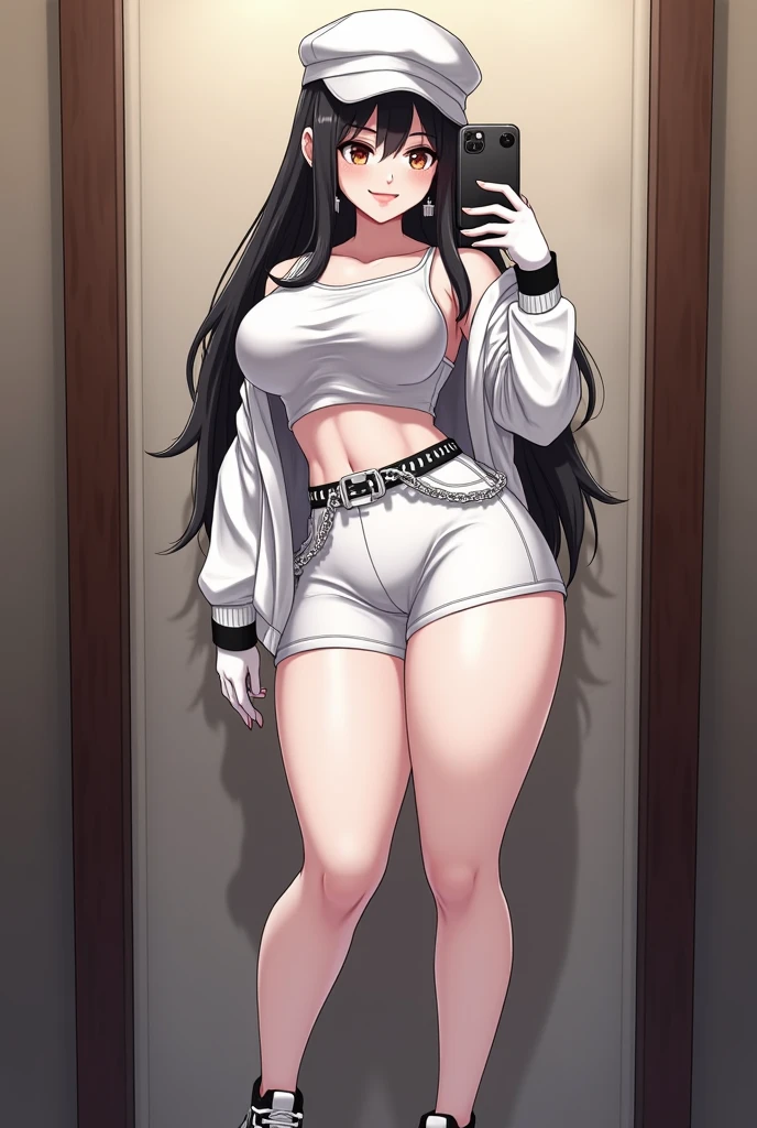 (top quality, masterpiece, high quality, ultra-delicate), ((beautiful girl)),((adult)) ((Dark black hair)), mature, graceful curves, (long hair, long bangs), ((bright green eyes)), detailed eyes, modern clothing, bangs, fashionable clothing, black collar, ((black booty shorts)),((white small tank top)) casual ribbon, ((large breast and chest)), charm, fashion, bedroom, ((standing), ((vagina;1.5)) ((seductive)), small blush, ((thick thighs)), breast, green earrings.