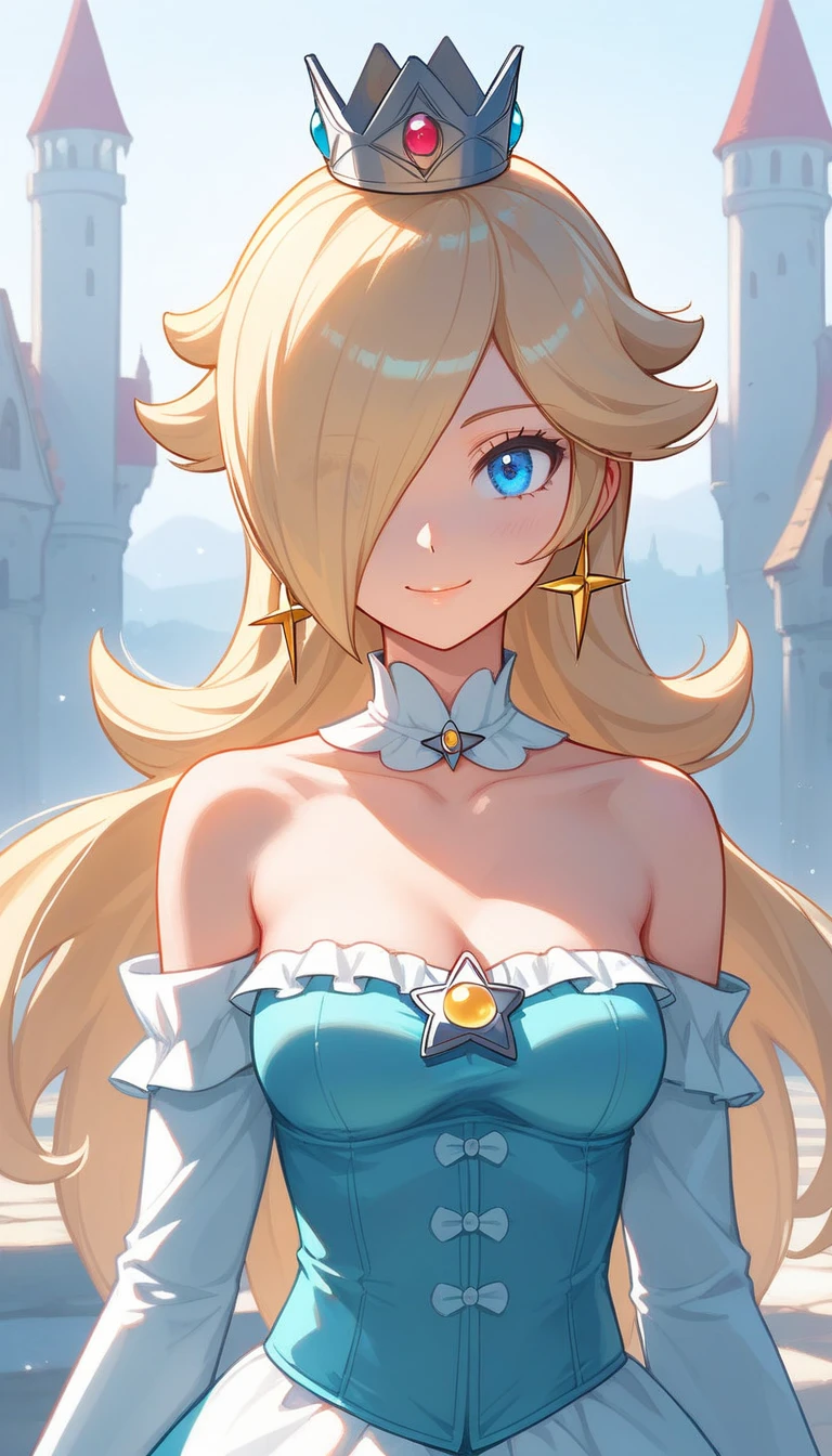 (masterpiece, 4k, high quality, colorful, super detailed eyes and face:1.2), 1girl, solo, 26 year old Scandinavian woman, Short blonde hair, bun-like hairstyle, bright blue eyes, big breasts, buxom chested, cleavage, strapless dark blue dress, corset, exposed shoulders, silver tiara, white stash, upper body shot