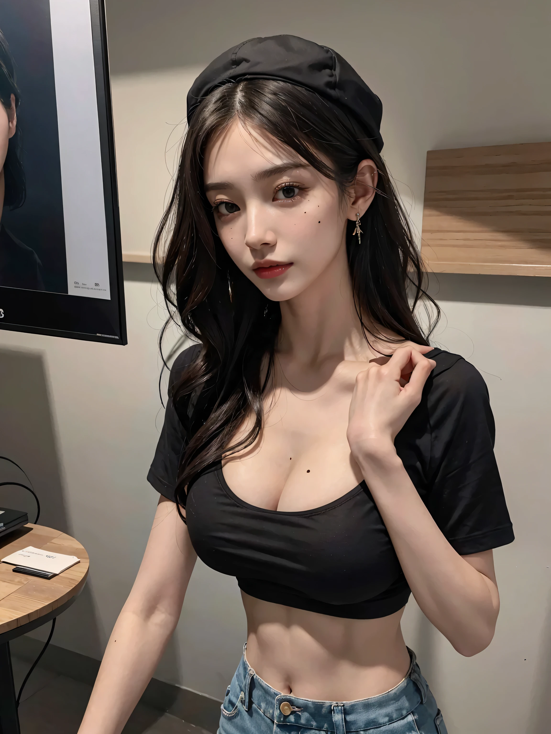 realistic, 1 women, best quality, 12k, HD, long hair, big round breasts, cleavage, ponytail, necklace, jewelry, shorts, short jacket, slim hips, hair tie, yellow eyes, black hair, super detailed, Eye details, hair details, person details, mouth details, face details, breast details, clothes details, hair details, pants details, hand details, whole body