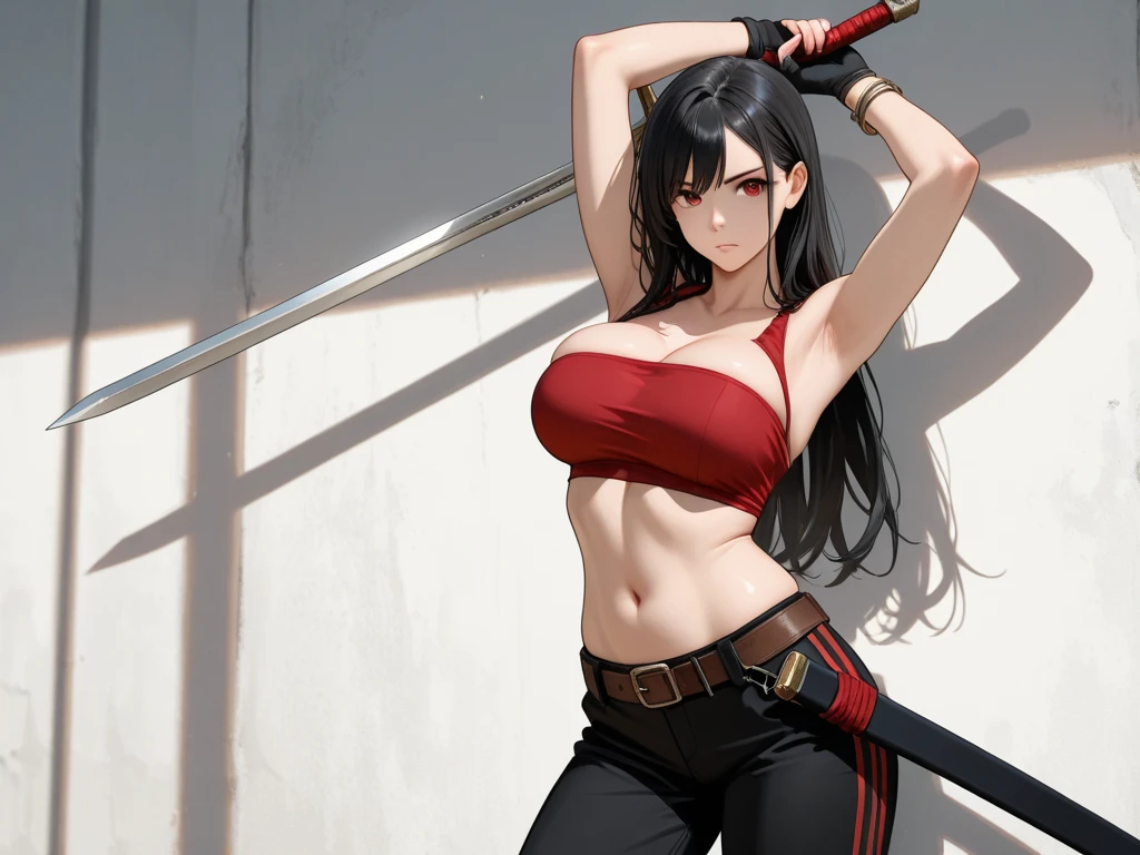 Cartoon picture of woman with long hair and white shirt, Badass Pose, gapmoe Yandere, 迷人的Makai Ryuko, Makai Ryuko, Tifa, Thick outlines, She holds a samurai sword, Thick outline, Cartoon shading art style, Yandere. High, Meono City, By New Art, author:Golden Flame