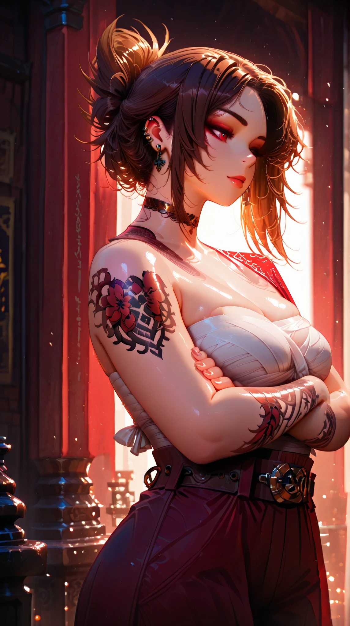 RAW, masterpiece, super fine photo, best quality, super high resolution, realistic, sunlight, a beauty, super huge, yellow rune paper on her face, many Taoist rune paper pasted on her body, Qing Dynasty official uniform, white bandages with blood stains wrapped around her body, female zombie, Hong Kong Lin Zhengying zombie movie character, pale skin, fair skin, vampire teeth, amazing beauty, dynamic pose, delicate face, abandoned warehouse background, messy, gorgeous, high detail skin, realistic skin details, sharp focus, Volumetric light, 8k UHD, DSLR, high quality, film grain, realism,(((Colossal tits)))