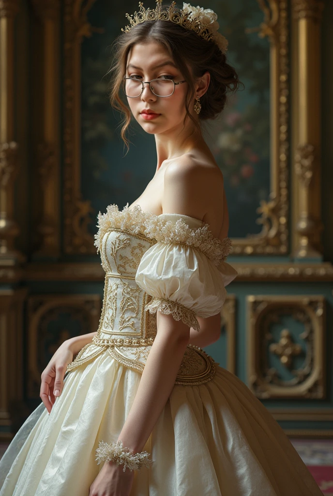 holiday. Short, red hair green eyes, Wedding Dress, smile, girl 15 years old, metal frame glasses. (masterpiece, top quality, Best quality, official art, beautiful and aesthetically pleasing:1.2), extremely detailed,(fractal art:1.2),colorful,The most detailed, (dynamic pose), (Many colors:1.4). ((split. skin texture, Shiny skin. elegance. photorealism. unreal engine. 3D model. Ultra high quality textures. high detail. permission 8k))
