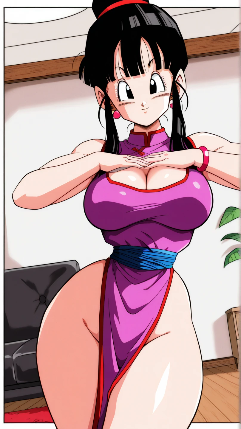 nsfw, score_9, score_8_superior, score_7_superior, anime,Dragon Ball Chichi, Who is who?, Iris, Black Hair, Long Hair, Hime cut, Blunt bangs, Side Lock, china dress, ponytail, Red wristband, Side slits, Very beautiful long legs, Perfect Face, Perfect hands, Perfect Fingers, Puffy nipples, Pussy juice, Sexual Ecstasy, trembling, foot focus, squatting, arms behind head