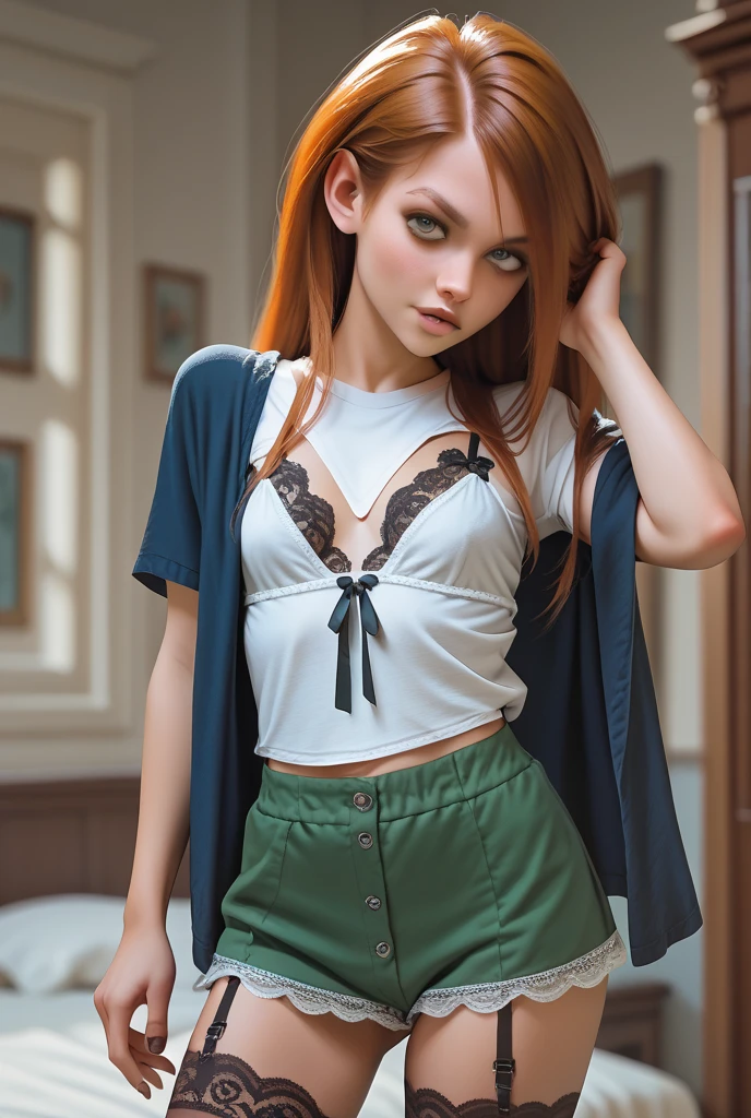1girl as yukino yukinoshita, Solo, Aesthetic artwork, irish, wavy ginger hair, shoulder length hair, blue eyes, light blue eyes, pale skin, A-cup, small breasts, runners body, (textured skin, skin pores:1.1), goosebumps, taking a close-up selfie photo while laying down in bed wearing green slutty wet crop top t-shirt, see-through green t-shirt, ((nipples poking through)), nipples visible through t-shirt, seductive, sexy photo, not wearing any pants, wearing see-through thong, long legs, small nippletremely detailed 8k wallpaper), soft lighting, high quality, film grain, Fujifilm XT3 sharp focus, f 5.6, 50mm, High Detail, Sharp focus,(natural light), crazy details, complex details, hyperdetailed, close-up, hands hidden