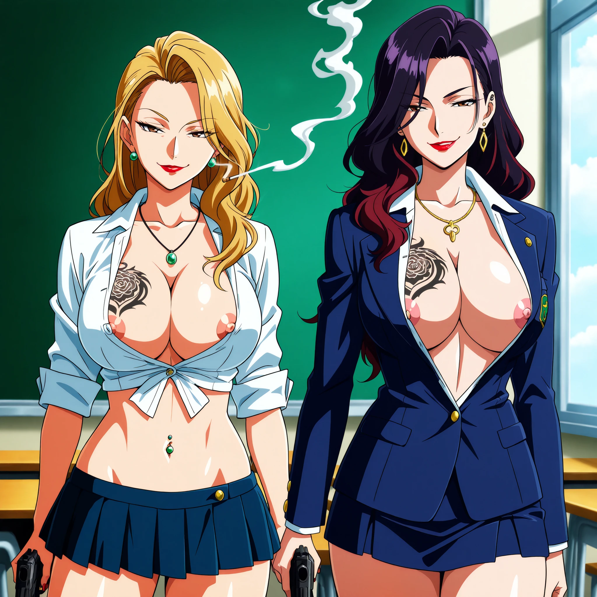 anipai_style, anime screencap, anime coloring, 2girl, two girls, mature female, long hair, [[[tattoo]]], earrings, breast tattoo, waist tattoo, girls, black hair, blonde hair, purple hair, red hair, ear piercing, long hair, , lipstick, Hot girl, baddie, smoking, sensual, attractive ,masterpiece, best quality, ((unbuttoned school uniform, cleavage, necklace, earrings, sexy
body,nipple slip, breasts)) , micro skirt, smiling, navel , exposed belly, exposed navel,
(nsfw) not safe for work,school, classroom , hold a gun,knot, holding pistol,navel piercing, blazer  , waist dragon tattoo, narrowed eyes, tattoo waist,, smirk, medium breast,