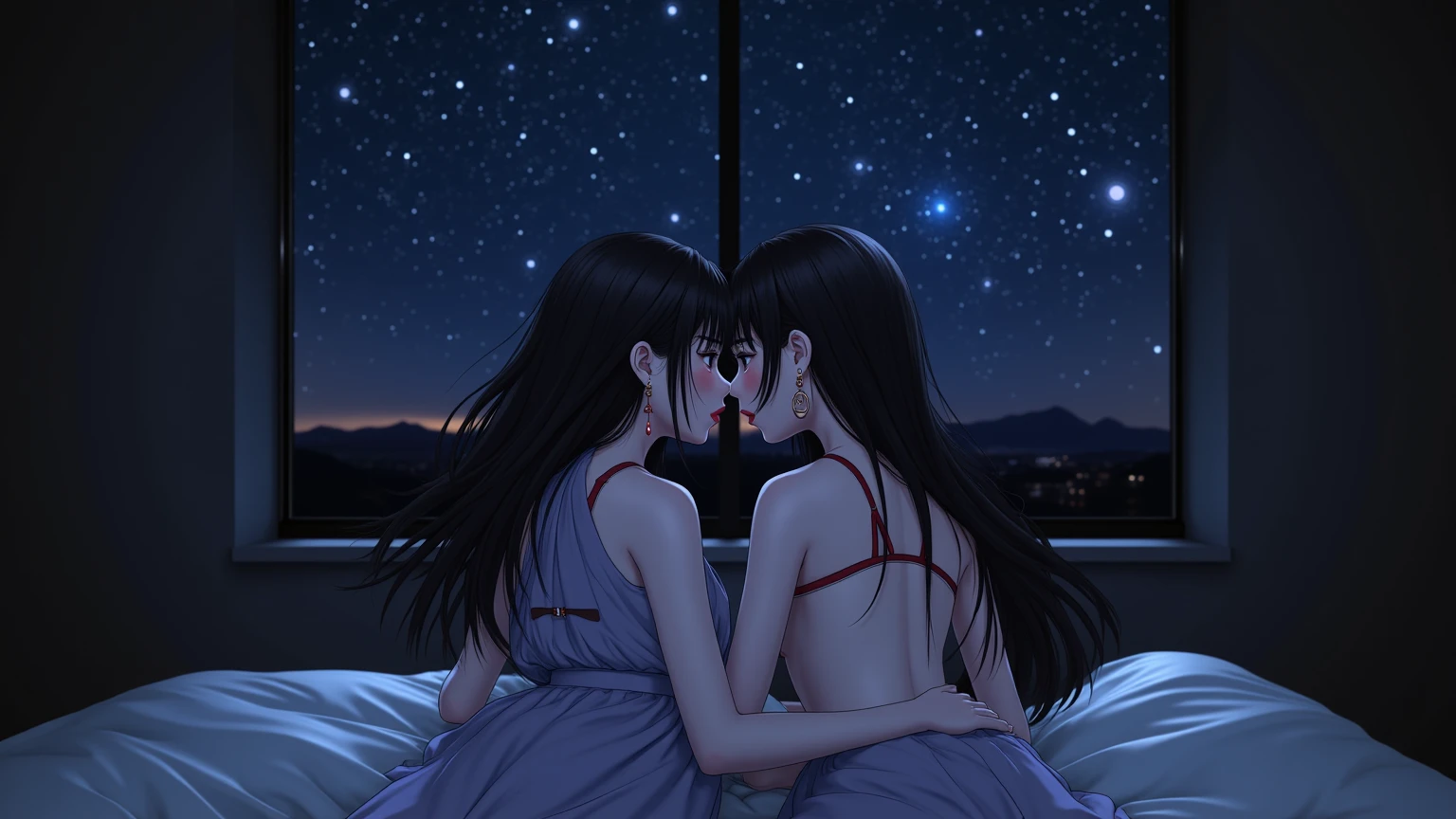 Nsfw,full bodyesbian,Two-dimensional woman,high school senior,short detailed hair,Black hair,on thmoon,(naked),perspire,thick thigh,two-dimensional boy, kissing,love,detailed
