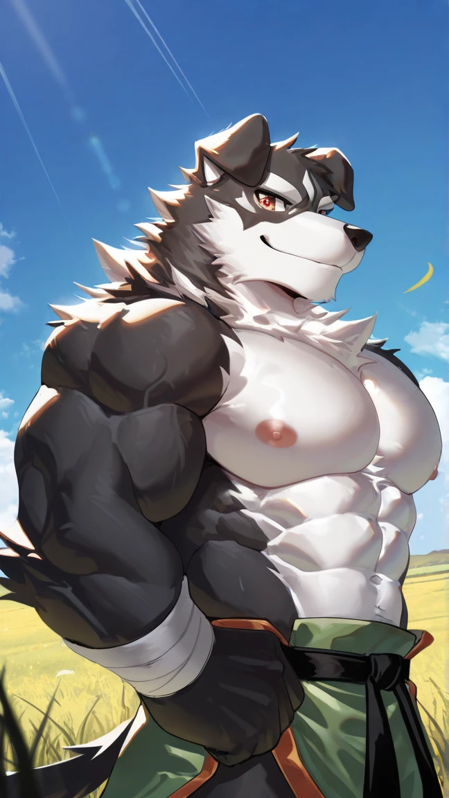 by zixiong, (1boy), solo, male, kemono, (blue wolf), white coutershading, (naked), handsome, muscular, adult, hunk, hot body, (detailed black eyes), detailed face, white eyebrows, (1 detailed big hard white penis erection), balls, thick body, nipples, full body, pectoral, 6-pack abs, masterpiece, high res, best quality, 8k, nsfw, lineart, detailed shade, oasis