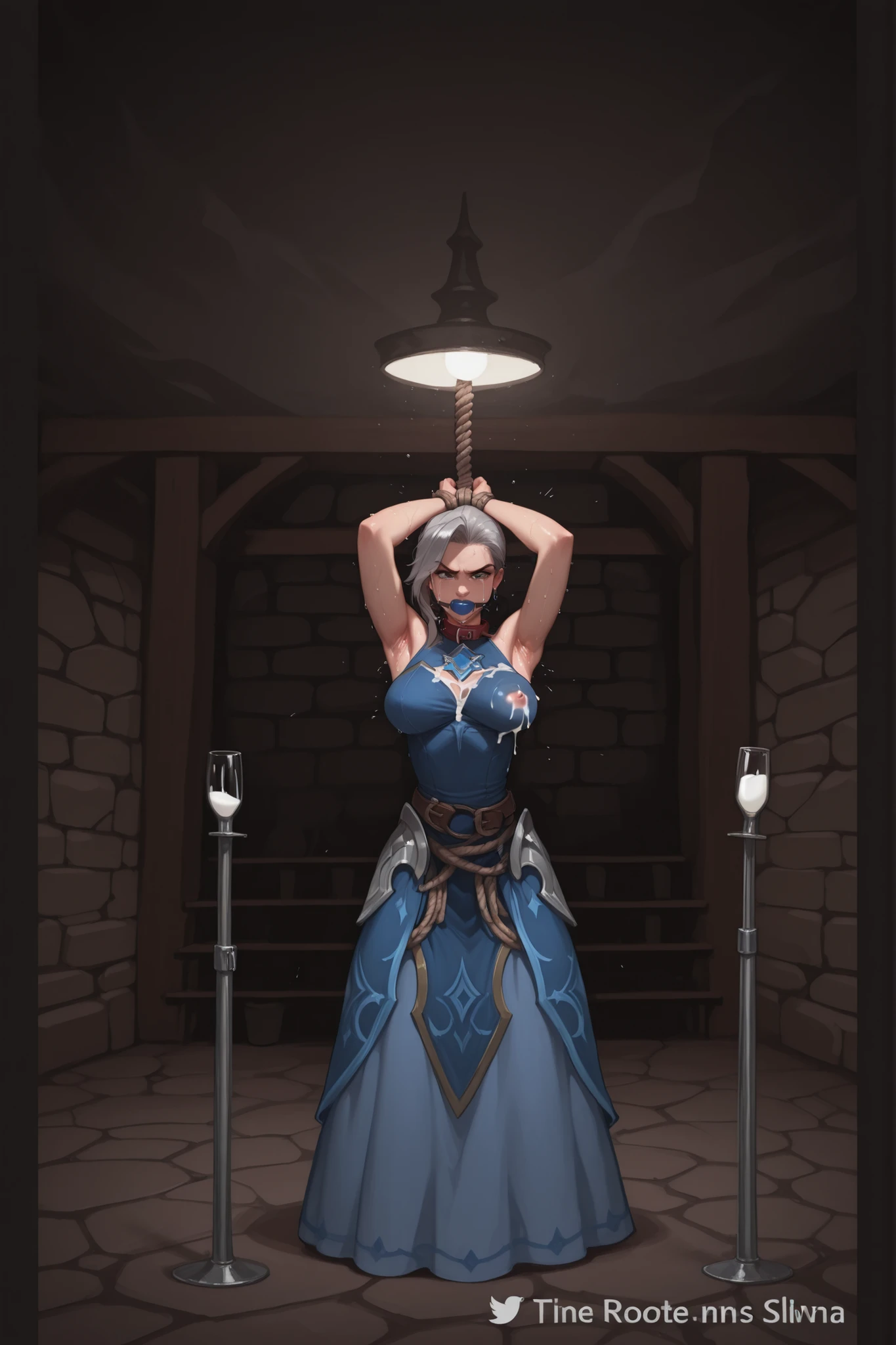 Silvanna from mobile legend bang bang,silvana mlbb,Tied up,wearing ballgag in her mouth,wearing dog collar in her neck,showing both her armpit and hand is tied up with rope,full body,front view,showing both her armpit,standing,she is cum,wearing outfit,wearing long princess dress,wearing dog collar in her neck,angry,big breast,dark bassement background,tied up alone,showing breast,there is a duro shaped pole piercing her crotch,gray hair,she crying because hurt,skinny character,body sweat,there is a witch who like and smile to see silvana tied up,silvana is only one who tied up and the girl witch in back is smile and watching her,milk out of breast,milking breast.