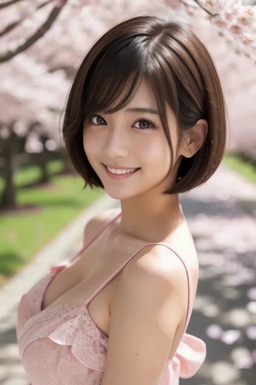 masutepiece, Best Quality, Illustration, Ultra-detailed, finely detail, hight resolution, 8K Wallpaper, Perfect dynamic composition, Beautiful detailed eyes, Women's Fashion Summer,Short bob hair,Small breasts natural color lip, Bold sexy poses,Smile,Harajuku、20 years girl、Cute、Sexy shot looking at camera