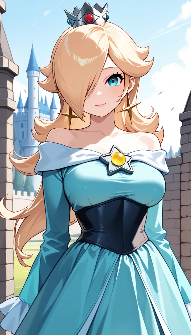 ((Best quality)), ((Masterpiece)), (detailed), perfect face perfect figure, Middle Ages, palace background, 26 year old, Scandinavian woman, Princess, Golden hair, long hair bun-like hairstyle, bright blue eyes, pale skin, large breasts, buxom chested, tight blue dress, off shoulder, cleavage, diamond tiara, high resolution, (ultra-detailed), (best illustration), (best shadow), (absurdres), (perfect hands, perfect anatomy), (4k textures), epic artistic, sharp focus, even lighting, insane details, intricate details, hyperdetailed, rich colors,