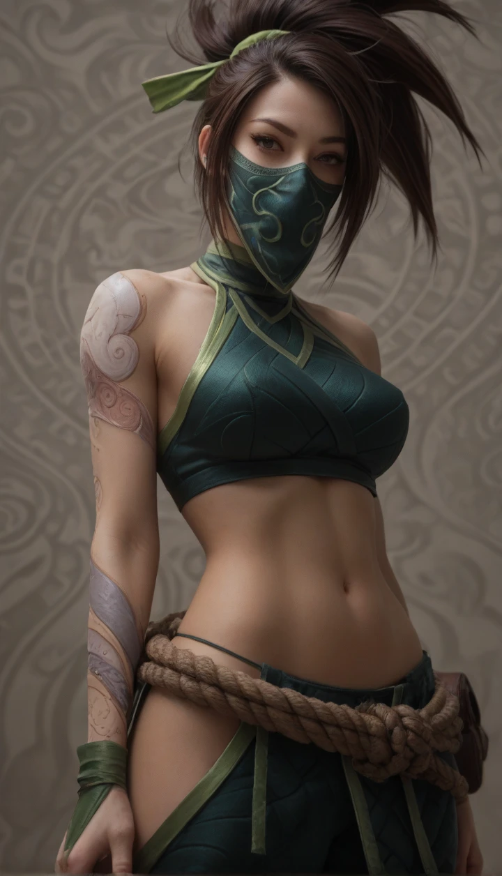 ultra realistic 8k cg, masterpiece, ((ultra detailed background, delicate pattern, intricate detail)), (highly detailed, fine details,), (beautiful detailed face and eyes and hair:1.1), 1girl, akali, looking at viewer, league of legends, abs, arm tattoo, bangs, blouse, breasts, fishnet green shirt, hair between eyes, hip vent, long bangs, long hair, mask, midriff, ninja, ponytail, rope belt, belt pouch, shirt, solo, stomach tattoo, tattoo
