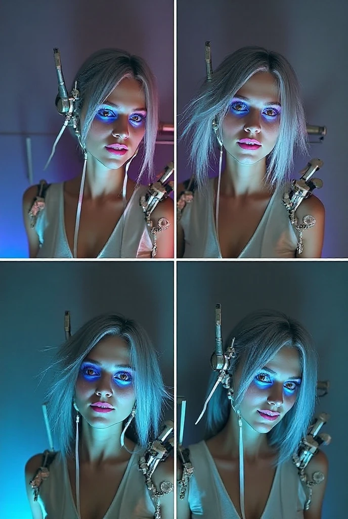 A cyborg girl stands in the center of a large bright studio and is engaged in creating her self-portrait on canvas. She is depicted in all her majestic beauty and elegance. Her metallic skin reflects the light, creating a play of hues and highlights like an expensive piece of jewelry. 

Her long metal hair frames her face, giving her a mysterious and alluring look. Her bright eyes, in which light shimmers, stare straight ahead with confidence and the strain of creative inspiration. 

The cyborg girl is depicted in a graceful pose, showing off her grace and strength as well as the fine workings of her mechanical limbs. Her hands hold brushes and are immersed in the creative process of creating a stunning work of art. 

The outline of the self-portrait she is creating with oil paints is already outlined on the canvas. The drawing begins to come to life under her dexterous fingers, gaining depth and volume, and the coating of color fills the canvas with bright hues and rich colors. 

This entire moment is captured in a gorgeous and amazing scenario that combines the beauty of art, power and technological advancement to make the cyborg girl a unique and inspiring image.