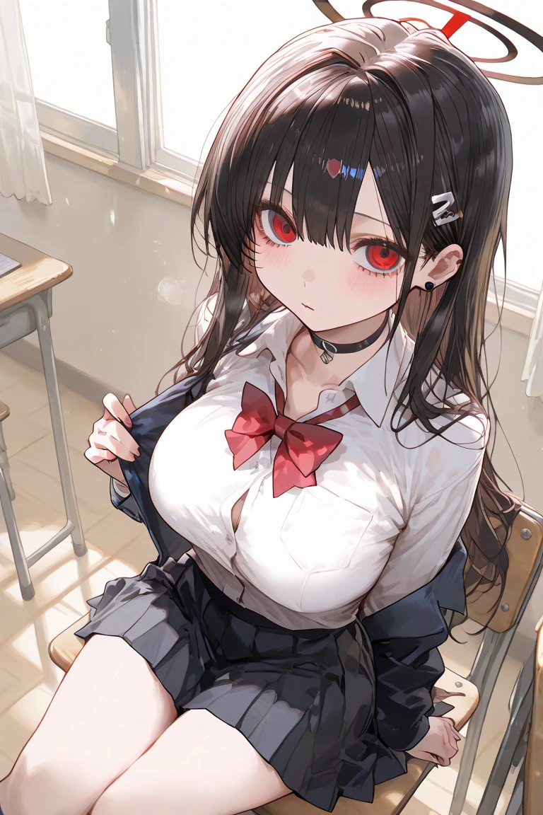 1 girl as yukino yukinoshita, absurdres, highres, solo, school uniform, big breasts, waist long black hair, (twintails:0.5), miniskirt, black thighhigh socks, loose red ribbon, unbuttoned white shirt, (ahegao:1.1), (rolling eyes:1.1), (female masturbation:1.1)