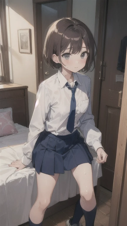 (1 person、alone), Beautiful woman, (High-definition and beautiful eyes)、(Anatomically perfect body), Slender、(High school girls、uniform, Black socks、Brown Loafers), (Lying on the floor:1.1), (Bend your knees), (Look down:1.2), tears、(Very detailed panties:1.1), (Pussy juice:1.1), 18-year-old、(Highest quality)、Black Hair, (Half Up:1.1)、(8K, High resolution)、(shy:1.4)、medium breast, (vapor:1.1), (Embarrassing:1.4), Erect nipples、classroom、(cum on face:1.5)