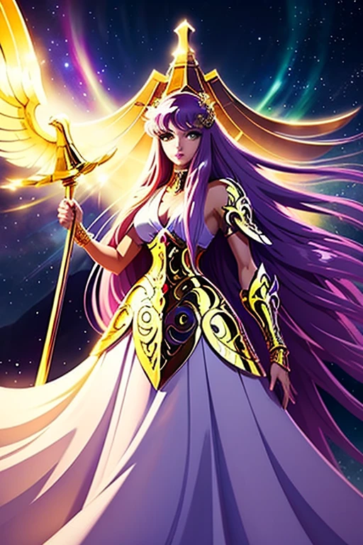 <lora:Kido_Saori:0.45>, Kido_Saori, big_breasts, purple_hair, blue_eyes, staff, white_dress, armlet, jewelry