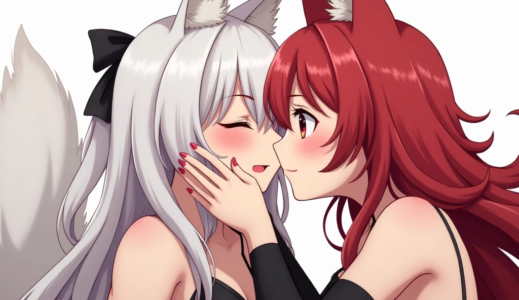 (((a human girl))) and a furry fox-girl kissing