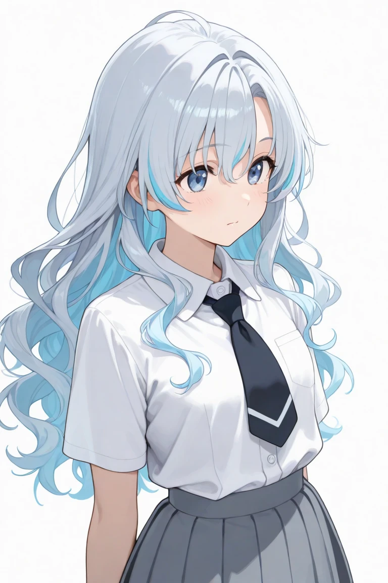 masterpiece, best quality, highres, 1girl, solo, long hair, blue eyes, white hair, messy hair, <lora:poli_(nikke)_v1:0.6>, school uniform, white shirt, black skirt, sailor collar,