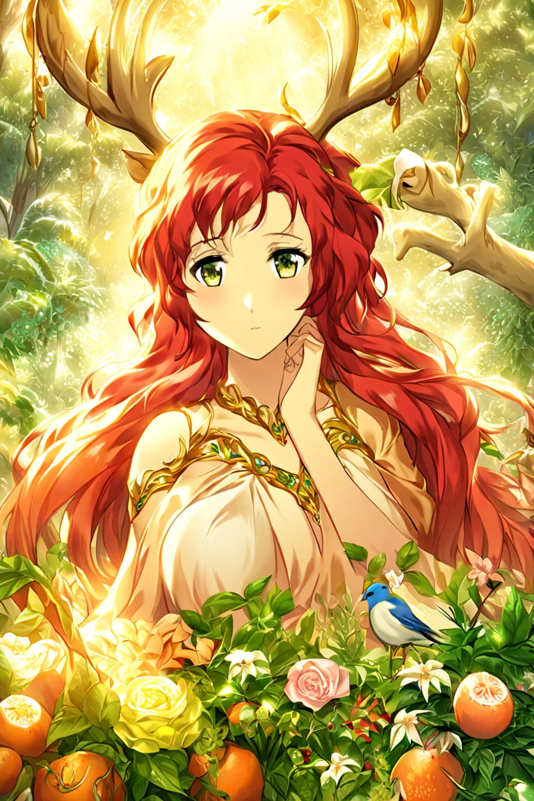 1girl, solo, masterpiece, anime, <lora:add-detail-xl:0.6>,, red hair, (hair over one eye:1.2), long hair, yellow eyes, large breasts, scenery, outdoors, dress