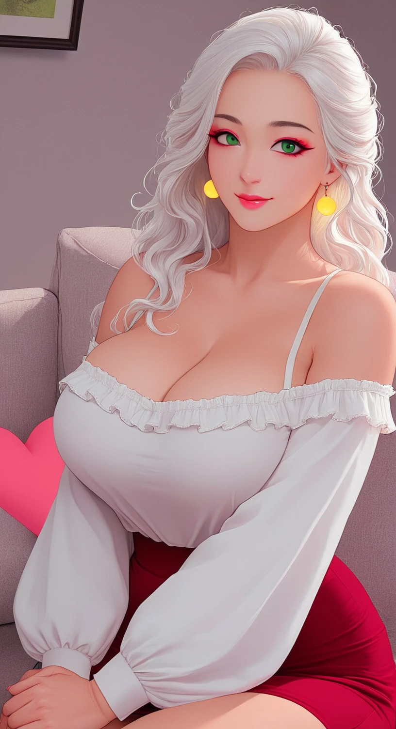 best quality, Very detailed, (actual), masterpiece, lifelike, actual Human Proportions, fantastic realism, perfect lighting, soft light, Natural light, Physically based rendering, Auto white balance, 4K, whole body, 1 girl,Irisviel von Einzbern,seductive smile, alone, long hair, looking at the audience, blush, Bangs, (huge_breast),(hanging breast),(Large areola), (Red eyes), skirt, split, bare shoulders, jewelry, permanent, very long hair, Keep your mouth shut, clavicle, white hair, thigh, earrings, sleeveless, indoors, necklace, white skirt, bracelet,barefoot,red lips, parted Bangs, sleeveless skirt,perspective, bench, bracelet, lamp, picture frame, painting \(Purpose\),masterpiece, best quality,super detailed, Exquisite face shape, nose, red lips, delicate eyes, (The iris and pupil are round, Students reflect on the environment, Eye sizes vary) Eyeliner, eyelash, smooth hair, smooth skin, Posing for photos