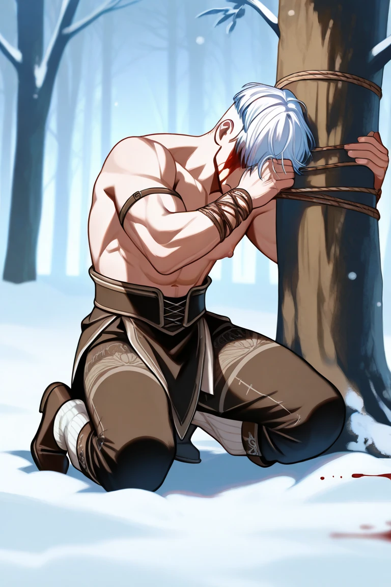 Make a Berserk manga style anime man, he is kneeling in the snow, he has white hair and is covered in wounds and has no clothes, is exhausted