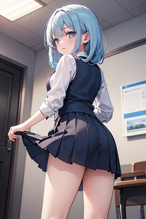 Masterpiece, Top Quality, High Resolution, Hi-Res, One Girl, Solo, Angle from Below, Skirt, Shirt, Pink Eyes, White Y-shirt, Unbuttoned, Unbuttoned, Fluffy, Cleavage,Protruding Nipples, Hard, Pleated Skirt, Socks, Black Skirt, Long Hair, Long Sleeves, Bangs, School Uniform, Black Socks, Dress Shirt, Troubled Look,Blushing, Sweaty, Drenched, Sheer view, Sheer clothing, Wind-blown skirt, Lift up skirt, Crotch line, Hip line, White underwear, Panty shots, Beautiful leg line, Water droplets running down your legs, Drenched lower body, Wet waist, Excess crotch droplets, Body parts three-dimensionality, Exposed underwear, Realistic skin texture, Focused on feet, Kneeling, Knees spread, Bright room, Finger shifting panties position, lighting from below, bitten panties