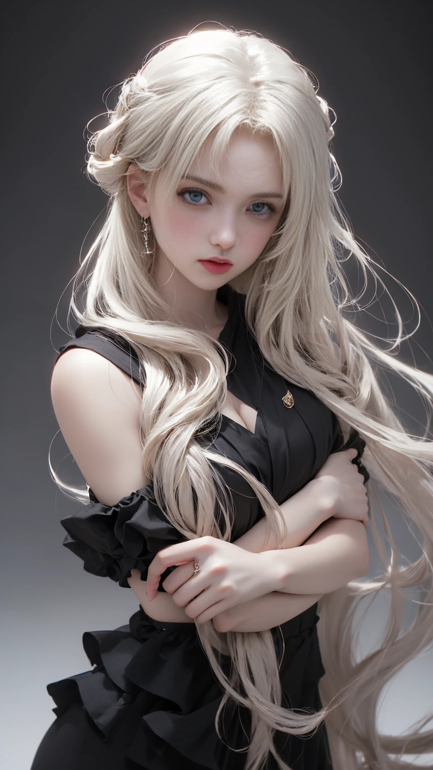 In a masterful display of artistic prowess, Lucifer from Helltaker emerges as the focal point of a hyper-realistic 8K human portrait. Clad in a formal suit featuring a striking red shirt, black pants, and a matching black necktie, she commands attention with her serene expression and captivating smile, her gaze fixed directly upon the viewer. The oval-shaped contours of her face, adorned with high cheekbones and a refined nose, exude an aura of elegance and sophistication. Her eyes, almond-shaped and bewitching, mesmerize with their striking red crimson irises, framed by gracefully arched eyebrows and thick, voluminous lashes that curl upwards. Luxuriant waves of light-white hair cascade around her, catching the light in subtle platinum highlights, while her smooth, porcelain-like skin radiates a subtle glow, suggesting vitality and allure, an elegant mix of botanical and geometric patterns that enhance her already captivating presence. Her attire, a black dress accentuated by a matching choker around her neck, serves to underscore her beauty and sophistication. Standing tall and confident, Lucifer possesses very large bosoms, fitting into an I-sized cup, which accentuate her figure and add to her allure. Rendered with meticulous attention to detail and realism, this portrait captures every nuance of Lucifer's appearance, from the delicate contours of her face to the subtle textures of her clothing and skin. Set against a deep matte black background, she stands as a timeless symbol of beauty and allure, her dynamic pose and perfect anatomy drawing the viewer into her world. This high-resolution masterpiece transcends mere artistry, offering a glimpse into the depths of Lucifer's character and personality. With its cinematic composition and meticulous attention to detail, it stands as a testament to the artist's skill and vision, a true masterpiece in every sense of the world. full body