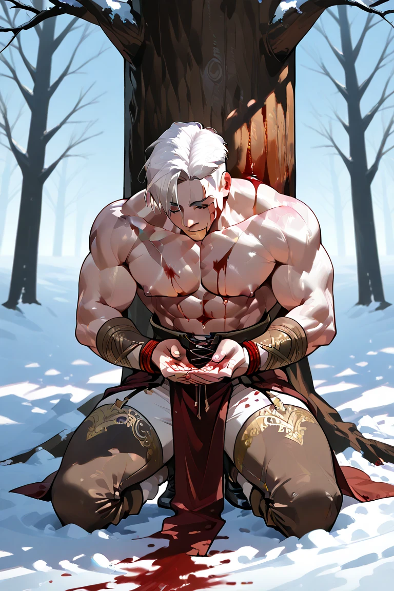 (masterpiece),(highres),(intricate details:1.4),extremely detailed,(illustration:1.2),8k,photorealistic,exquisite,solo, (Bold perspective),aged,elder male lion ,muscular, (Ancient Greek mythological style;1.8)(white robe:1.6),manhood,safeguard,(white hair:1.3),long hair,long white beard,scar,(badly damaged),(sacrifice),hurt,broken body ,(bleeding:1.9) ,(killed by his brother:1.9),(his chest was hit by an arrow:1.9)