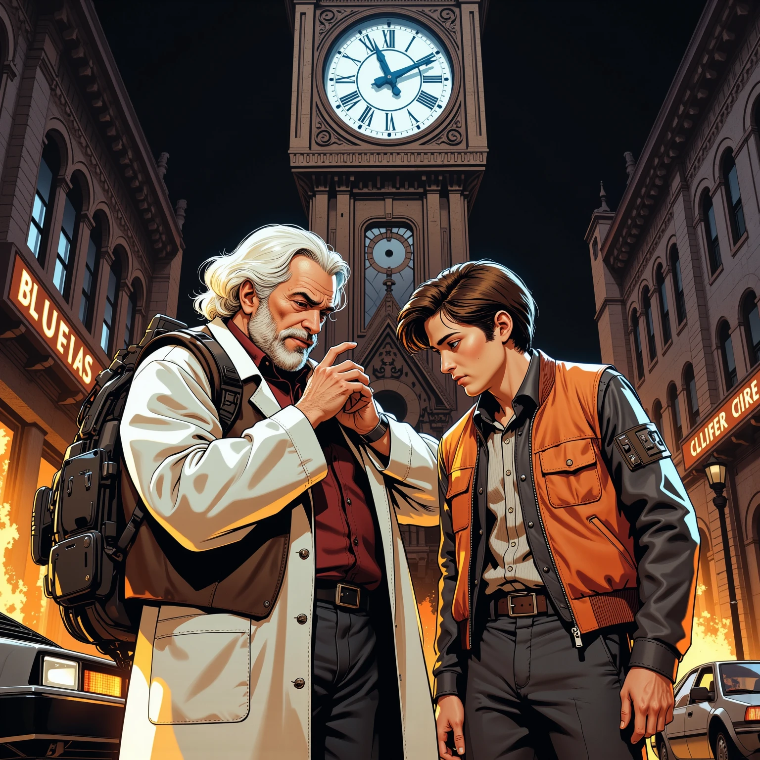top quality, ,(1 old photo:1.3),Back to the Future,Alteration of history,hot,The background is Hill Valley Clock Tower,デロリアン, (Dr. Emmett Brown ,wearing a white labo coat,look like 60 years old )and (Martin McFly,wearing a sleeveless jacket,20 years old,cool )