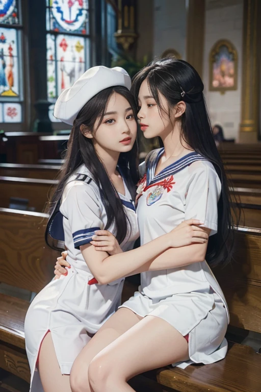 8k, RAW photo, best quality, (masterpiece:1.2), ultra detailed, ultra high res, (realistic, photo realistic:1.37), absurdres:1.5, extremely detailed, 8k wallpaper, huge file size, extremely detailed beautiful girl, extremely detailed face, extremely detailed eyes, extremely detailed skin, extremely detailed fingers, extremely detailed nose, extremely detailed mouth, perfect hands, perfect fingers, perfect anatomy, highly detailed background, extremely detailed clothing, (17 years old:1.0), teenage, cute girl, famous japanese idol, kawaii, (medium breasts:1.0), realistic body, fair skin, slender body, good figure, ((Extra Long Hair:1.2)), looking at viewer, (bust shot:1.0), heart-shaped pupils, (((thin eyebrows))), (nose blush), (embarrassed:1.2), (no makeup), ((((dreamy eyes)))), sexy pose, ((Two beautiful girls wearing sailor suits are sleeping side by side on the bed.:1.4))