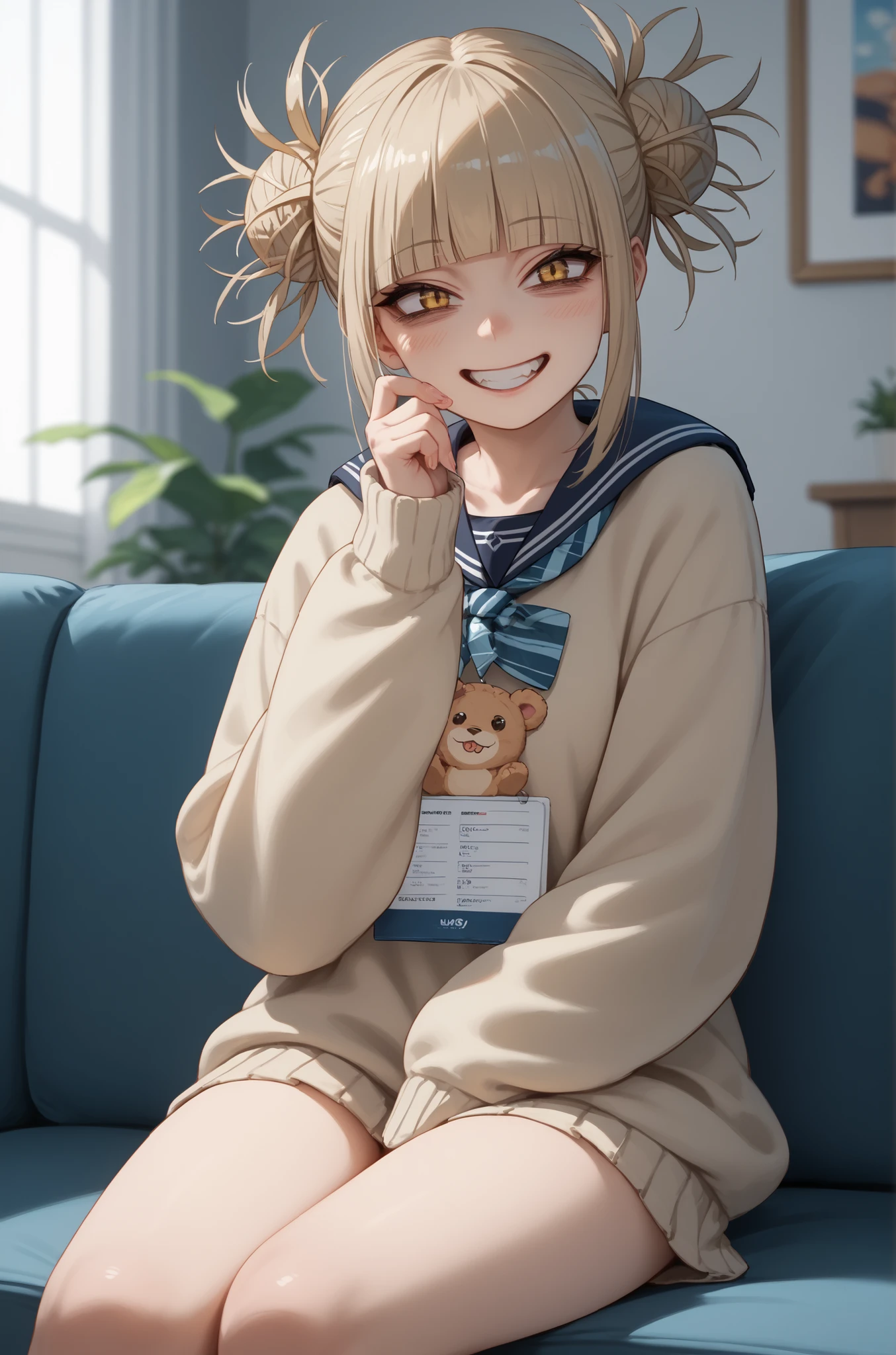 Himiko toga sitting looking backwards at the spectator, smiling